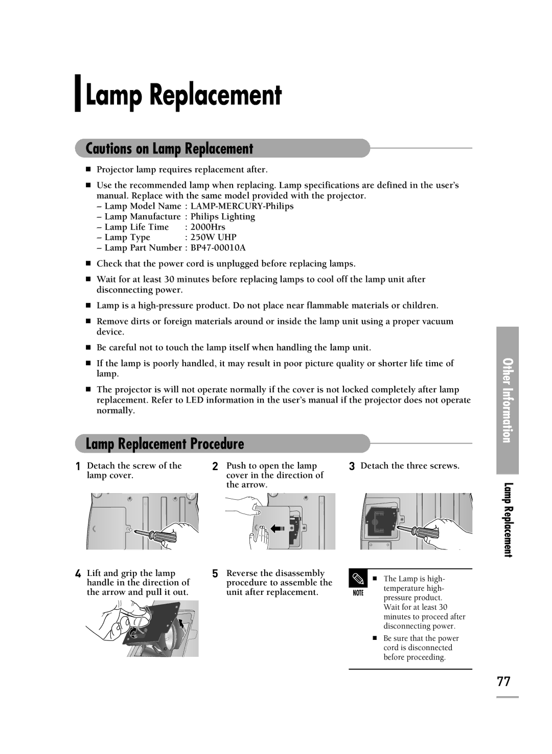 Samsung SP-H710, SP-H700, SP-H500 manual Lamp Replacement Procedure 