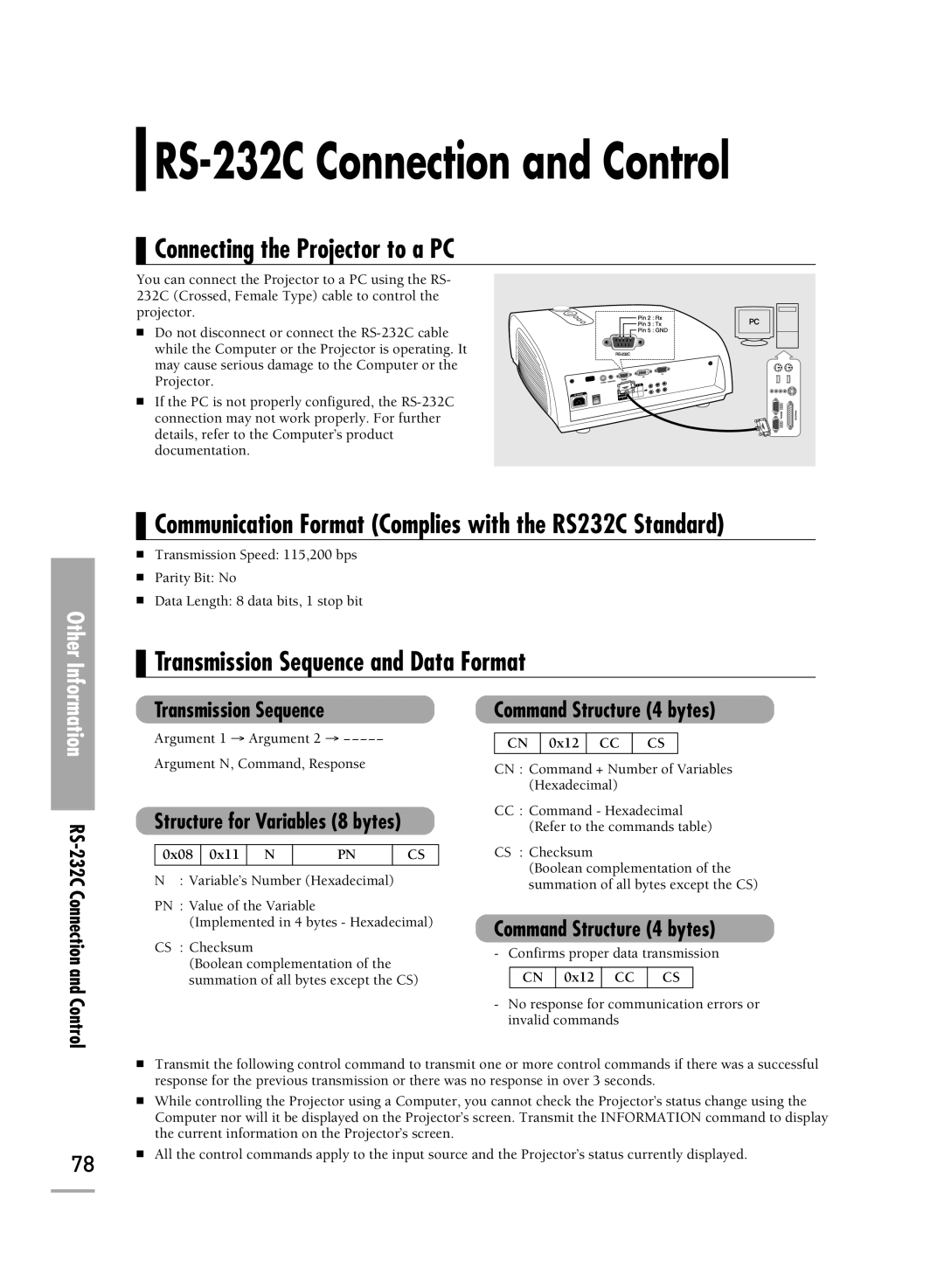 Samsung SP-H700, SP-H500, SP-H710 manual Connecting the Projector to a PC, Transmission Sequence and Data Format, Control 