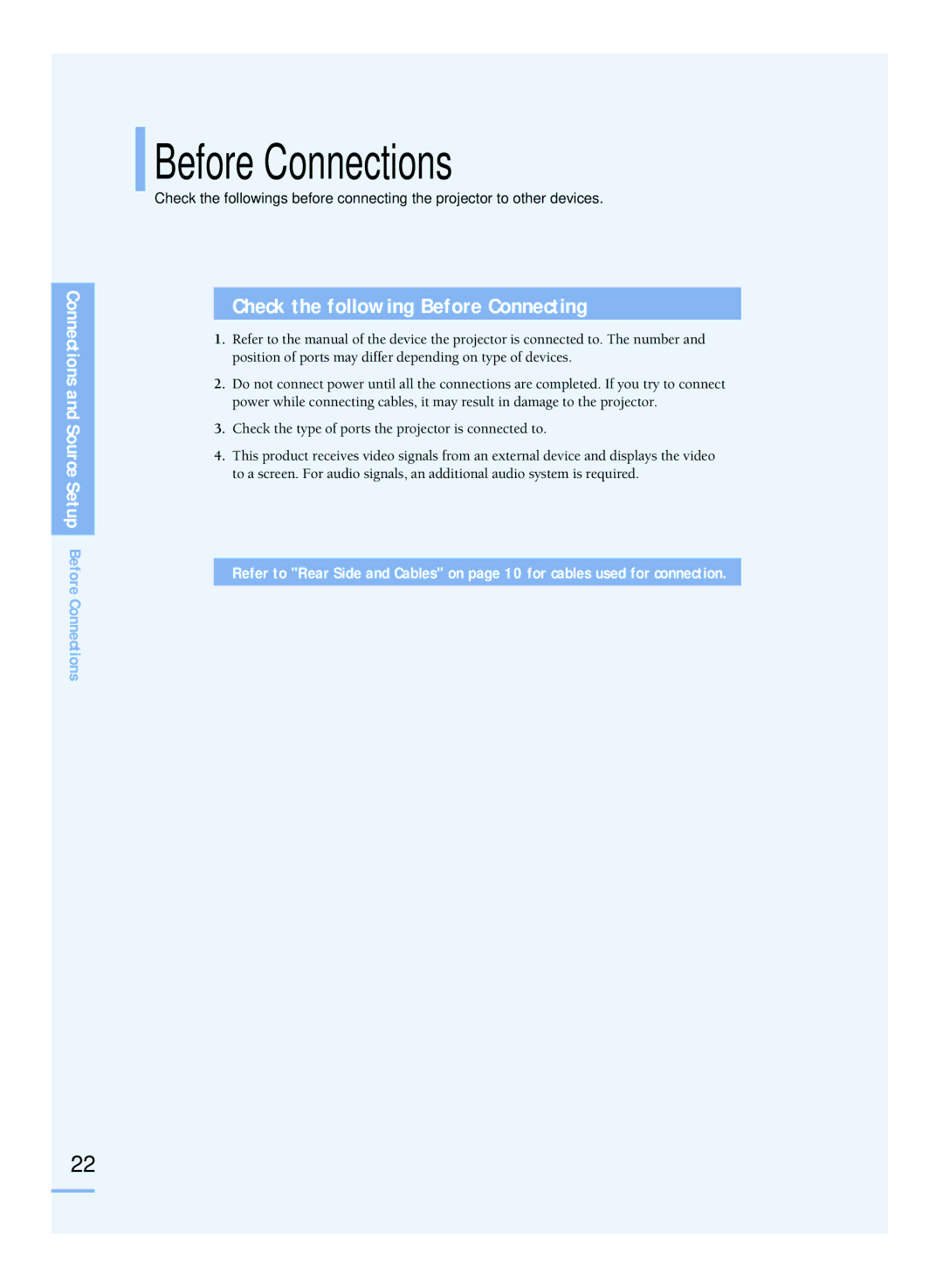 Samsung SP-H800 manual Before Connections, Check the following Before Connecting 