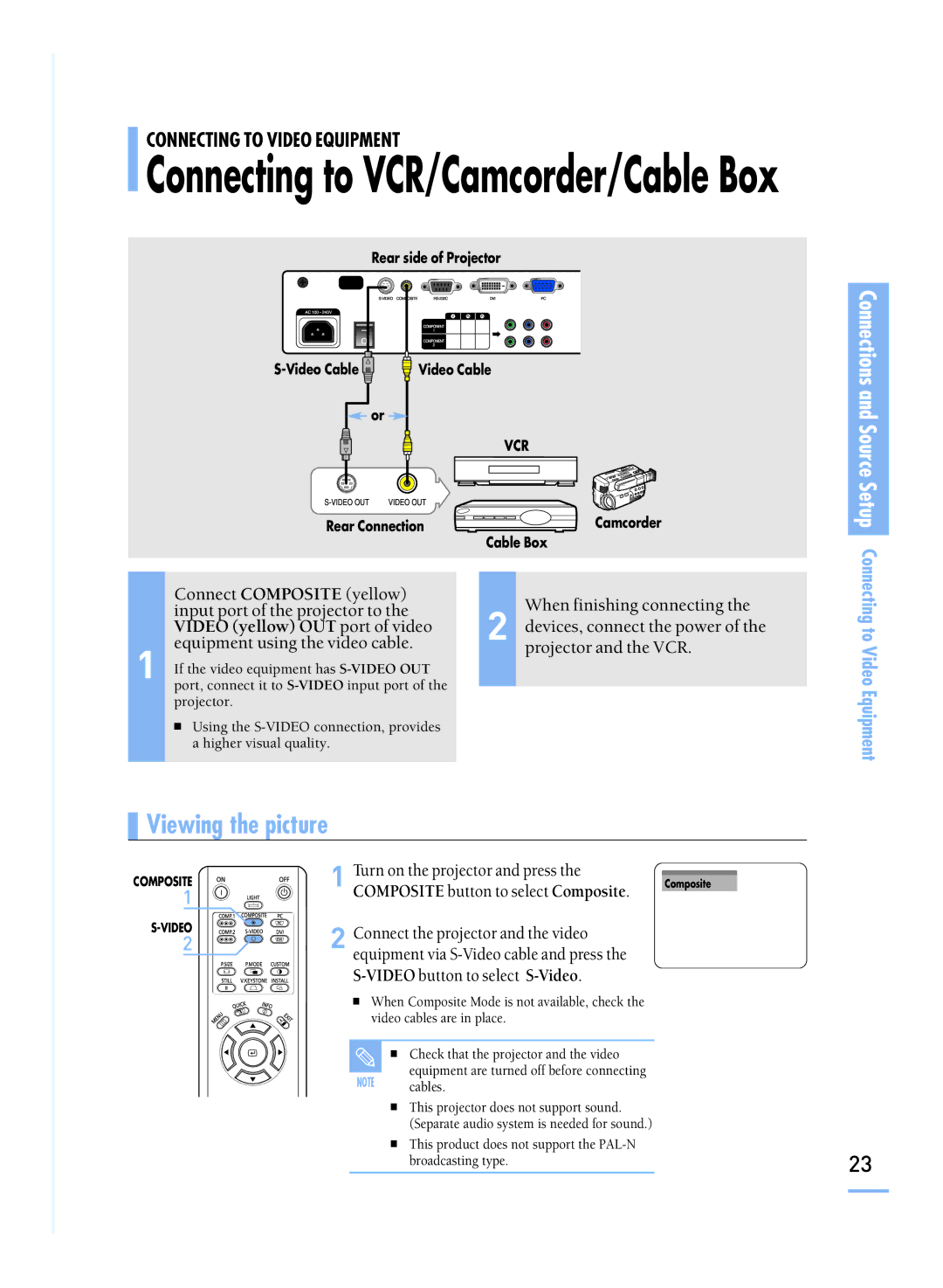 Samsung SP-H800 manual Connecting to VCR/Camcorder/Cable Box 