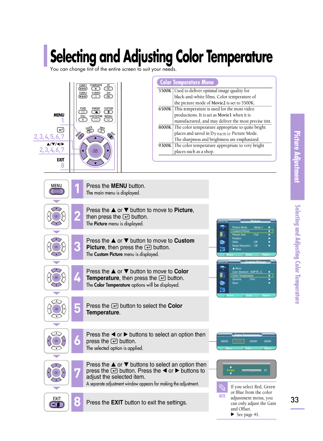 Samsung SP-H800 manual Selecting and Adjusting Color Temperature 