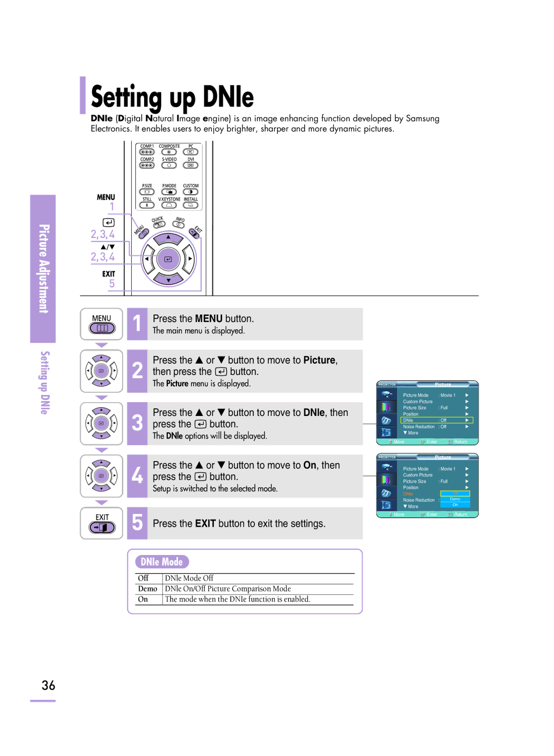 Samsung SP-H800 manual Setting up DNIe, DNIe Mode 