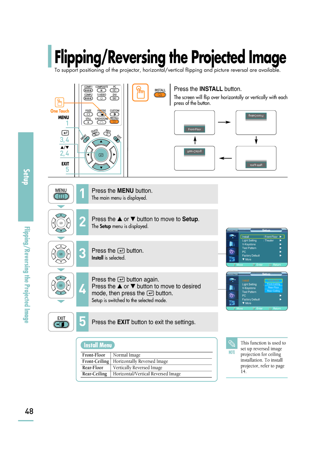 Samsung SP-H800 manual Flipping/Reversing the Projected Image, Install Menu 