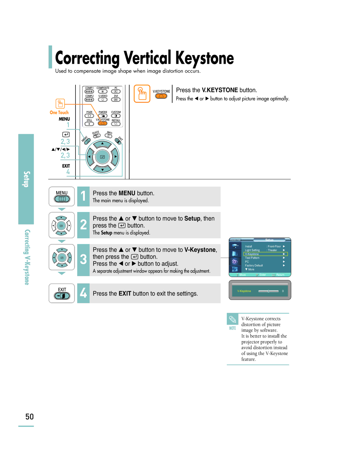 Samsung SP-H800 manual Correcting Vertical Keystone, Correcting V-Keystone 