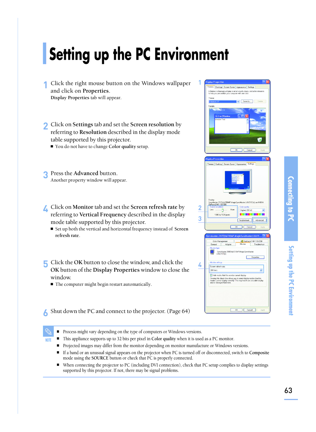 Samsung SP-H800 manual Setting up the PC Environment, Table supported by this projector 