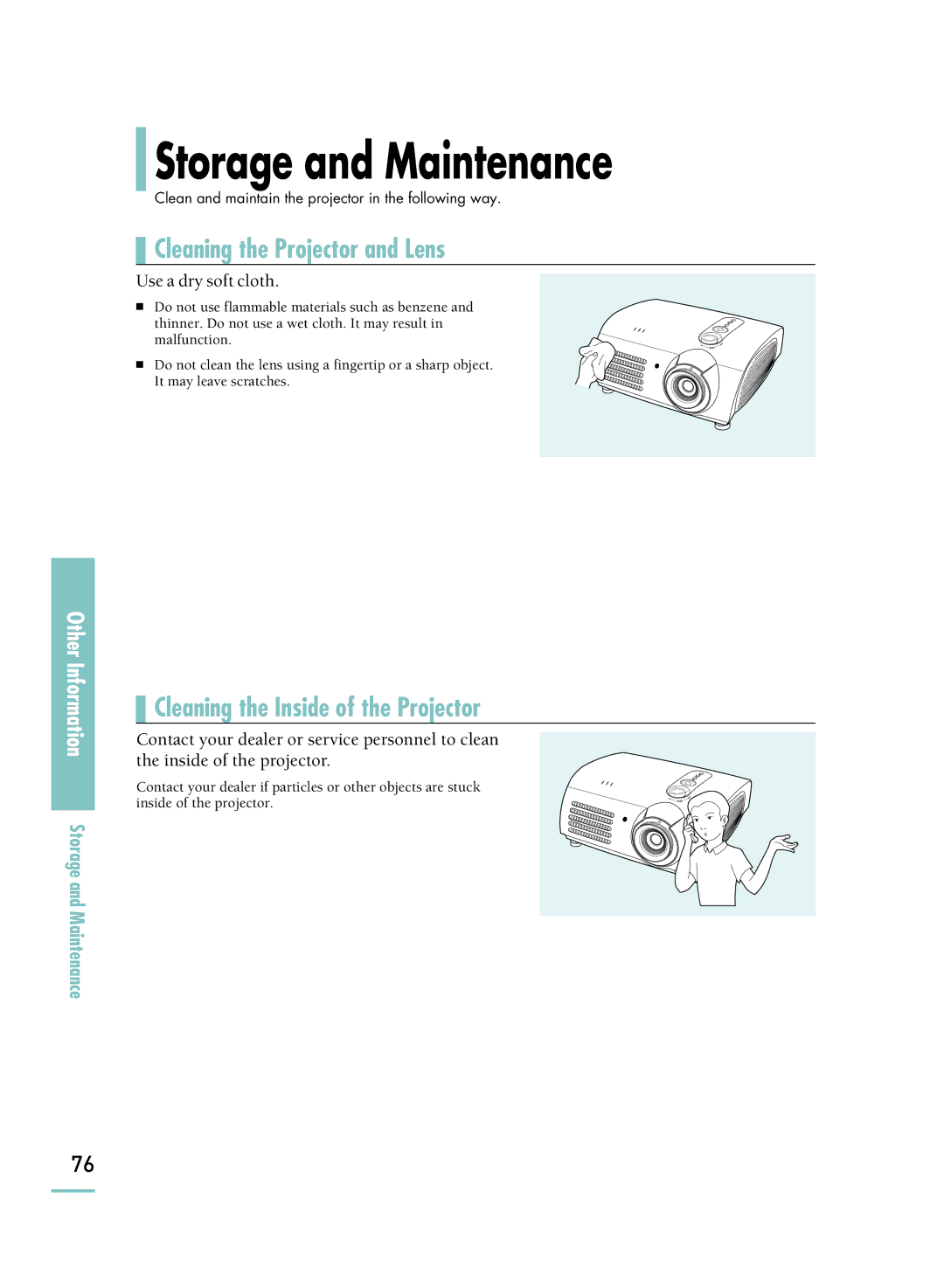 Samsung SP-H800 manual Storage and Maintenance, Cleaning the Projector and Lens 