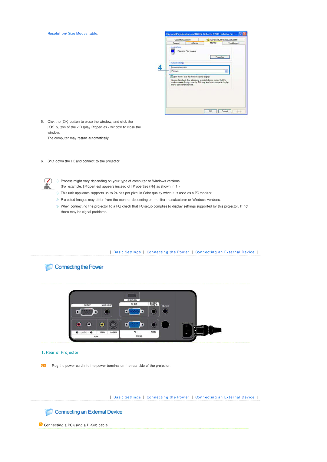 Samsung SP-L220, SP-L200, SP-L250 manual Resolution/Size Modes table, Connecting a PC using a D-Sub cable 