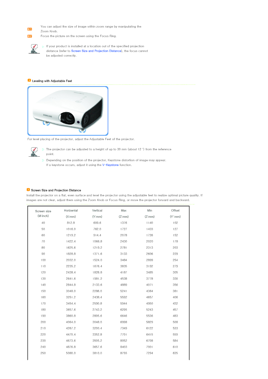 Samsung SP-L300 manual Leveling with Adjustable Feet, Screen Size and Projection Distance, Vertical, Ymm 