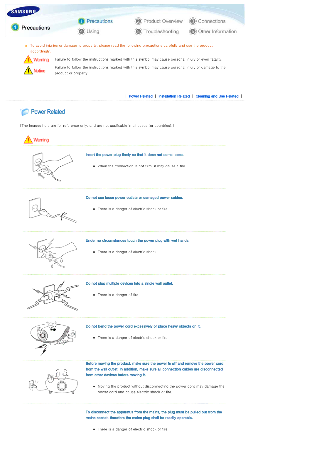 Samsung SP-L300 manual Insert the power plug firmly so that it does not come loose 