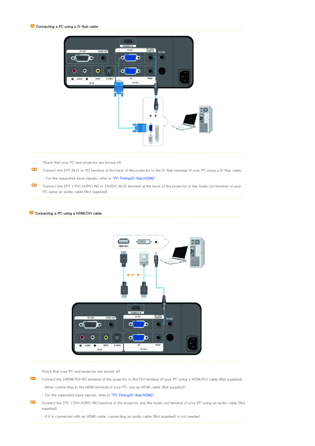 Samsung SP-L300 manual Connecting a PC using a D-Sub cable, Connecting a PC using a HDMI/DVI cable 