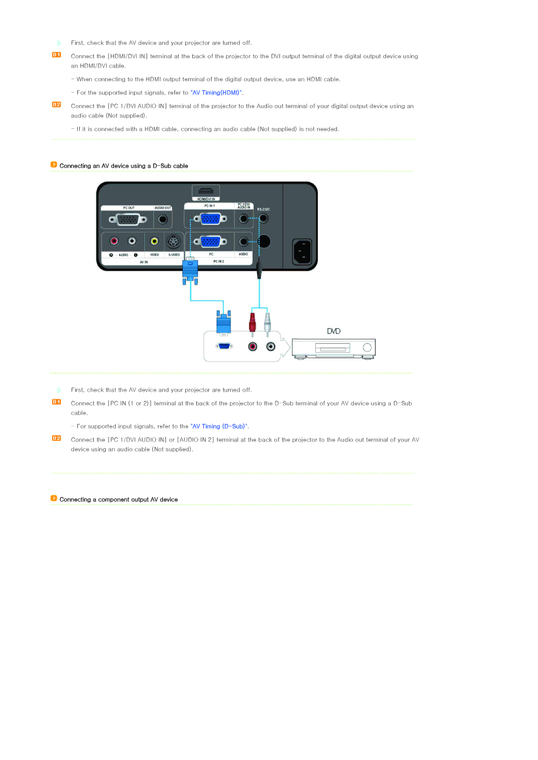 Samsung SP-L300 manual Connecting an AV device using a D-Sub cable, Connecting a component output AV device 