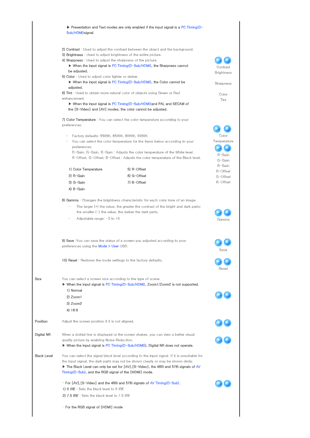 Samsung SP-L300 manual Color Temperature Offset Gain, Normal, Zoom1, Zoom2, 169, For the RGB signal of Hdmi mode 