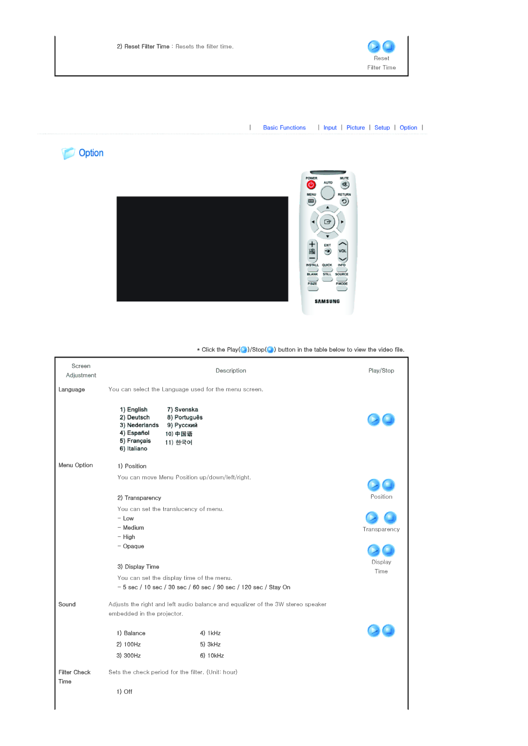 Samsung SP-L300 manual Screen Adjustment 