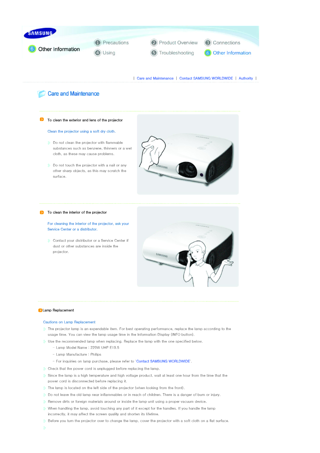 Samsung SP-L300 To clean the exterior and lens of the projector, To clean the interior of the projector, Lamp Replacement 