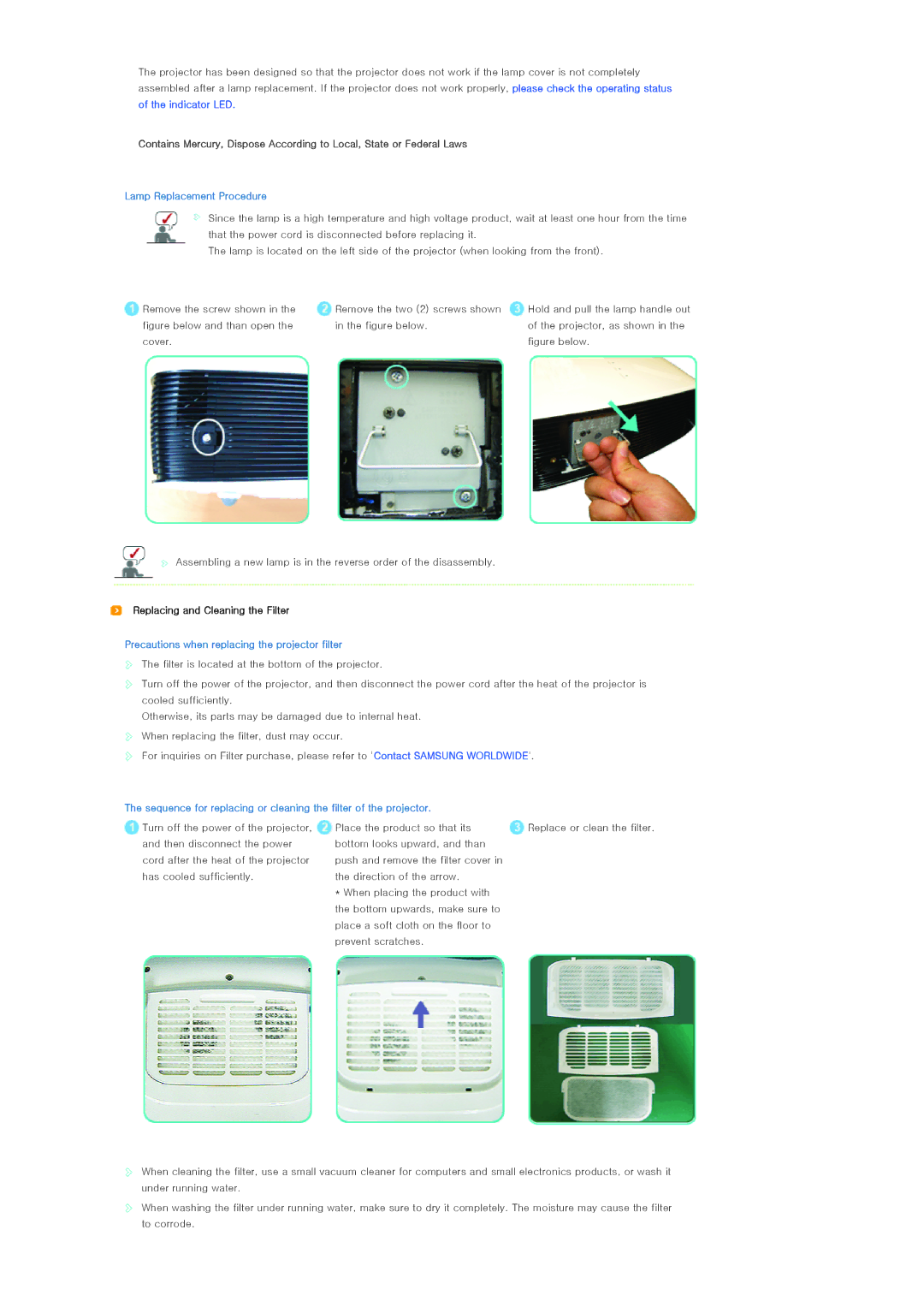 Samsung SP-L300 manual Lamp Replacement Procedure, Replacing and Cleaning the Filter 