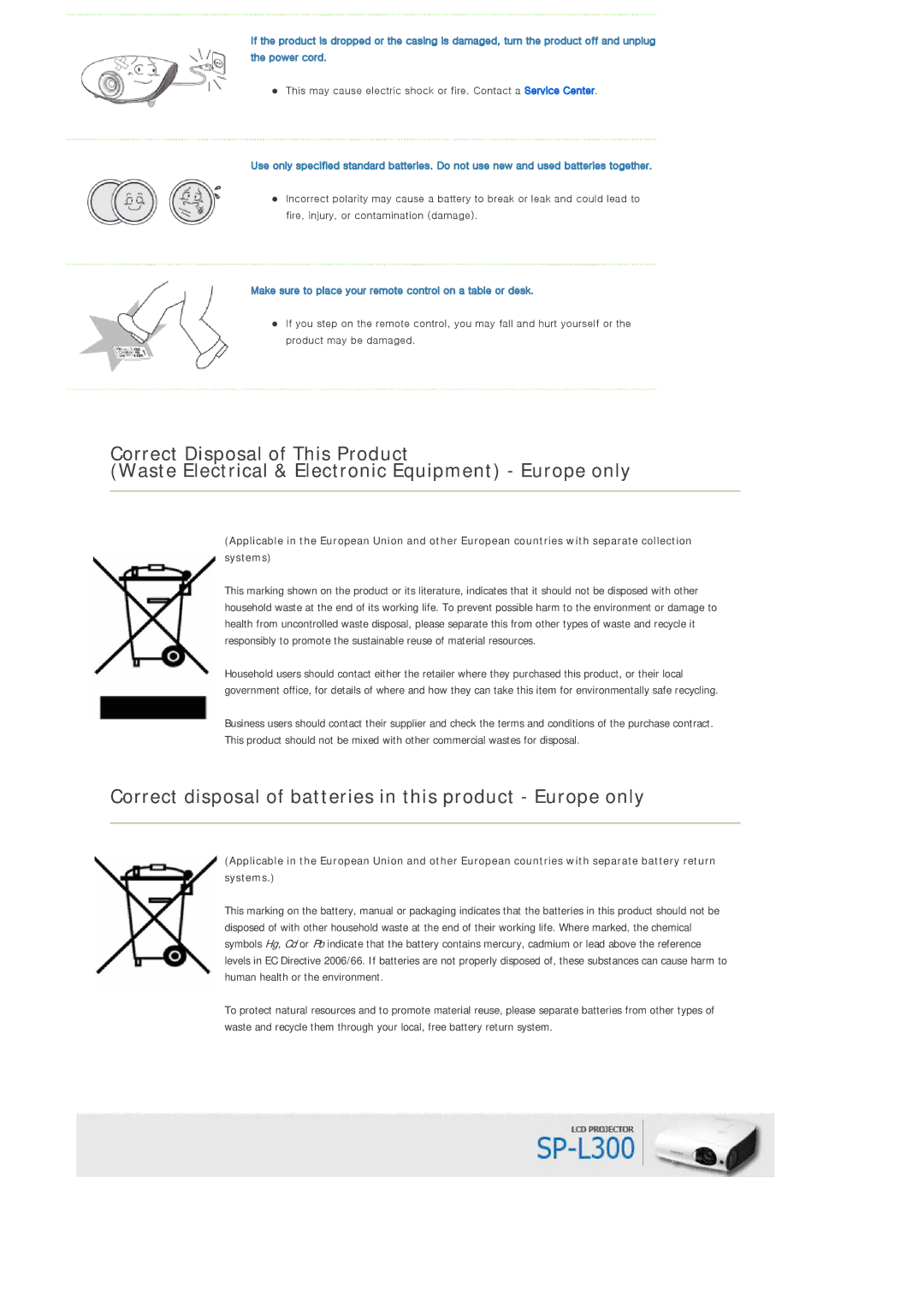 Samsung SP-L300 manual Correct disposal of batteries in this product Europe only 