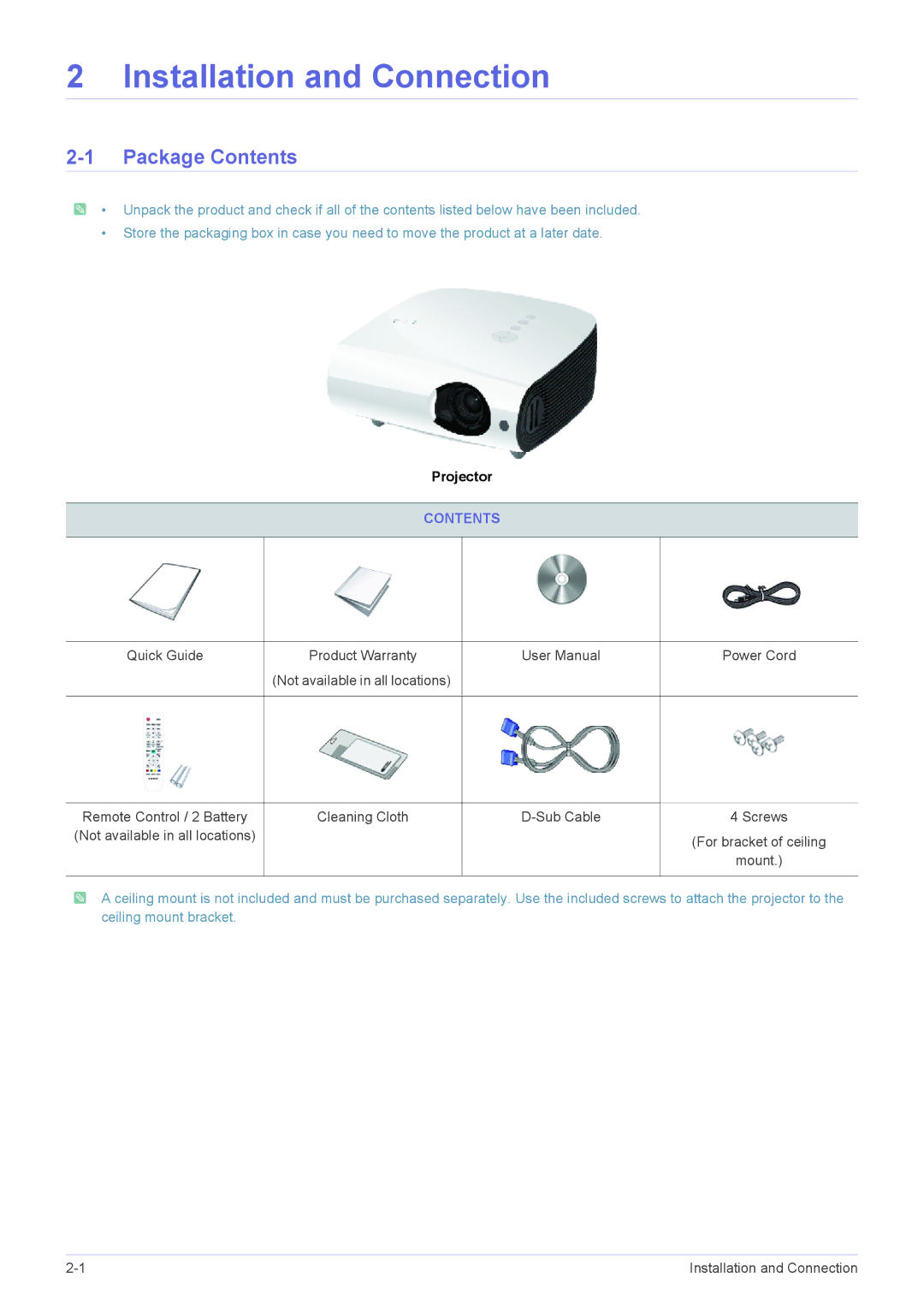 Samsung SP-L335, SP-L355, SP-L305 specifications Installation and Connection, Package Contents 