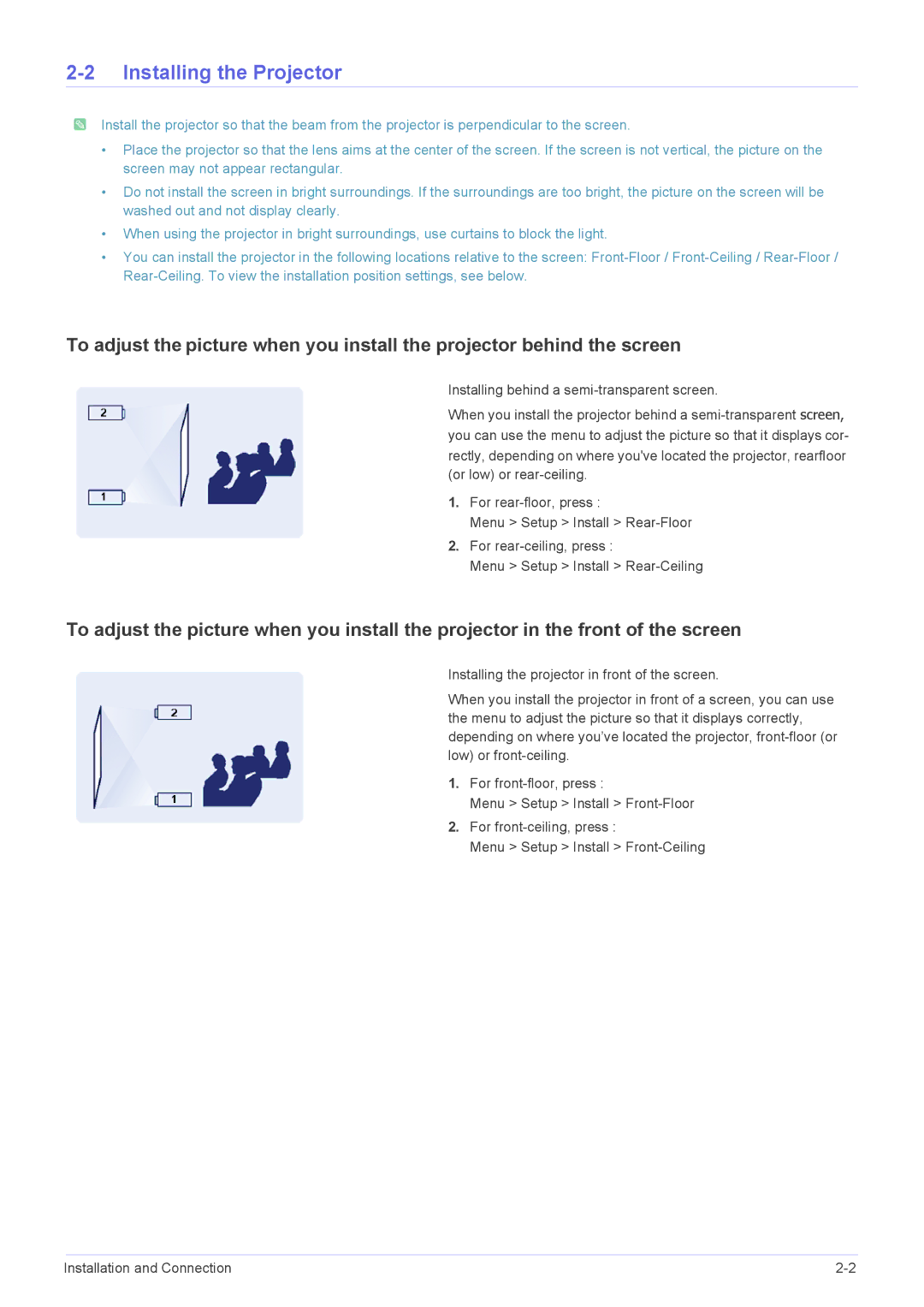 Samsung SP-L355, SP-L305, SP-L335 specifications Installing the Projector 