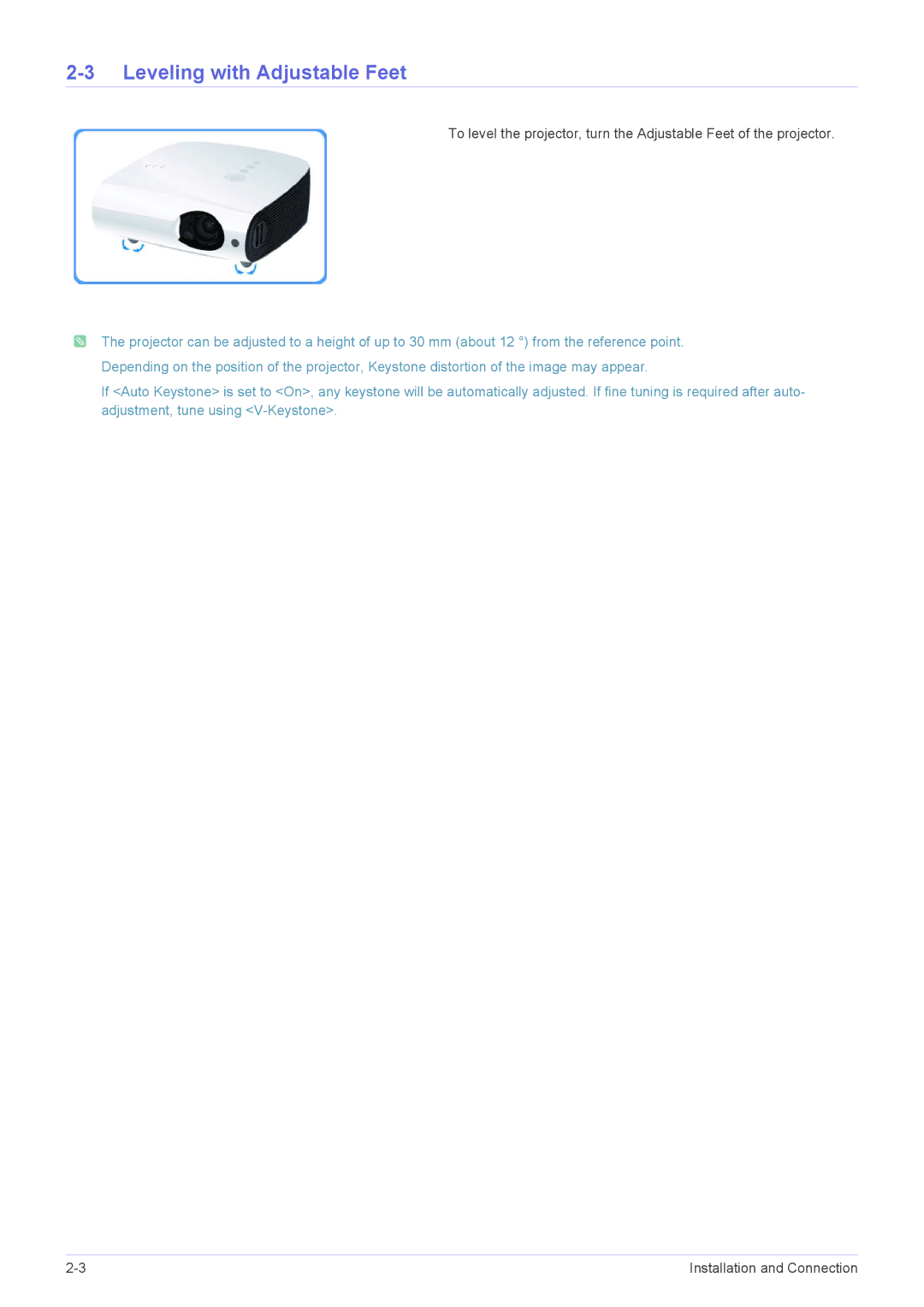 Samsung SP-L305, SP-L355, SP-L335 specifications Leveling with Adjustable Feet 