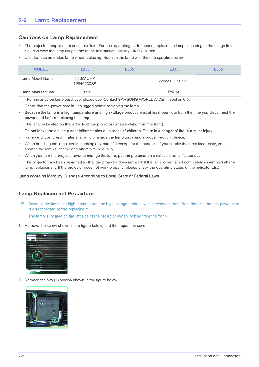 Samsung SP-L335, SP-L355, SP-L305 specifications Lamp Replacement Procedure, Model 