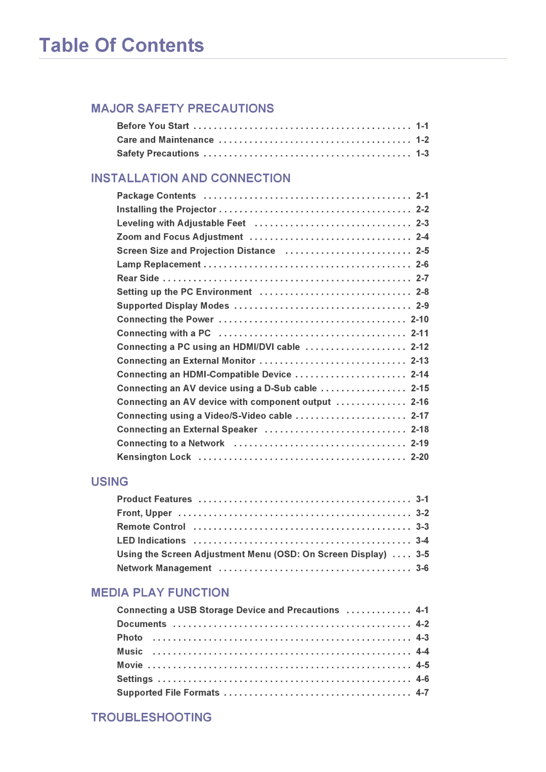 Samsung SP-L335, SP-L355, SP-L305 specifications Table Of Contents 