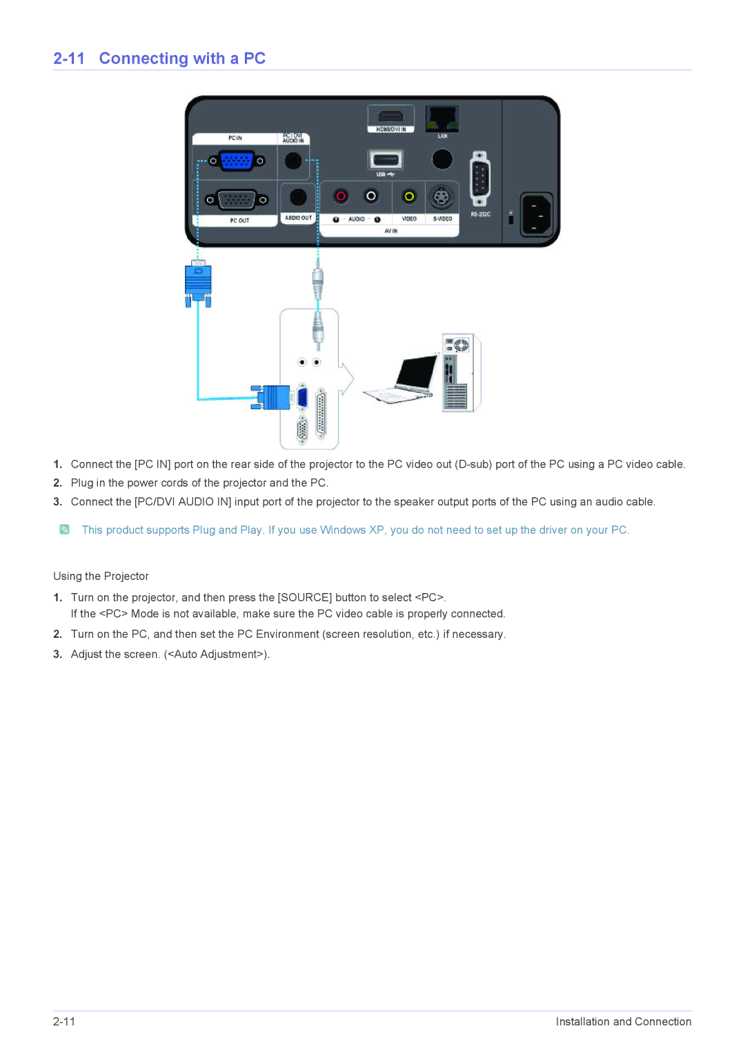 Samsung SP-L355, SP-L305, SP-L335 specifications Connecting with a PC 