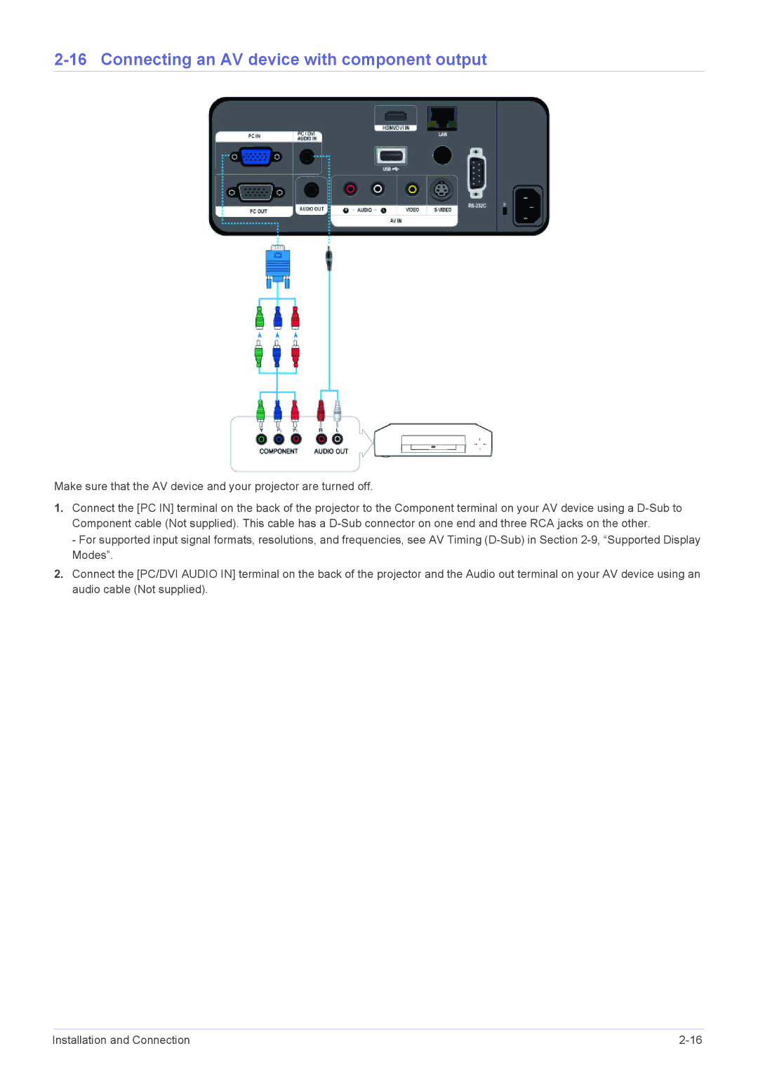 Samsung SP-L335, SP-L355, SP-L305 specifications Connecting an AV device with component output 