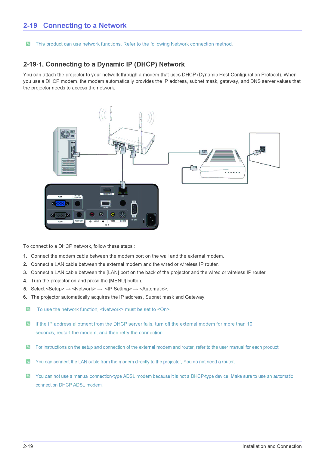 Samsung SP-L335, SP-L355, SP-L305 specifications Connecting to a Network, Connecting to a Dynamic IP Dhcp Network 