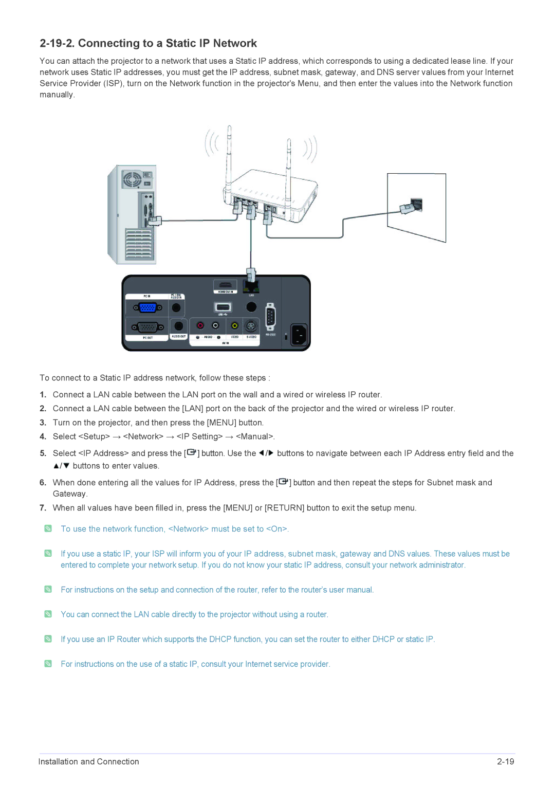 Samsung SP-L355, SP-L305, SP-L335 Connecting to a Static IP Network, To use the network function, Network must be set to On 