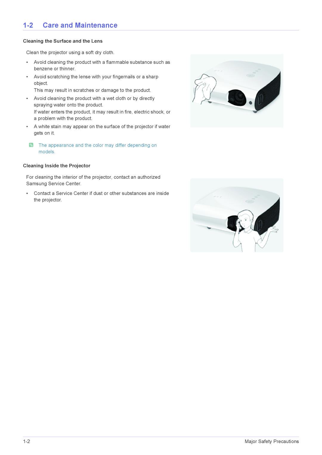 Samsung SP-L335, SP-L355, SP-L305 Care and Maintenance, Cleaning the Surface and the Lens, Cleaning Inside the Projector 