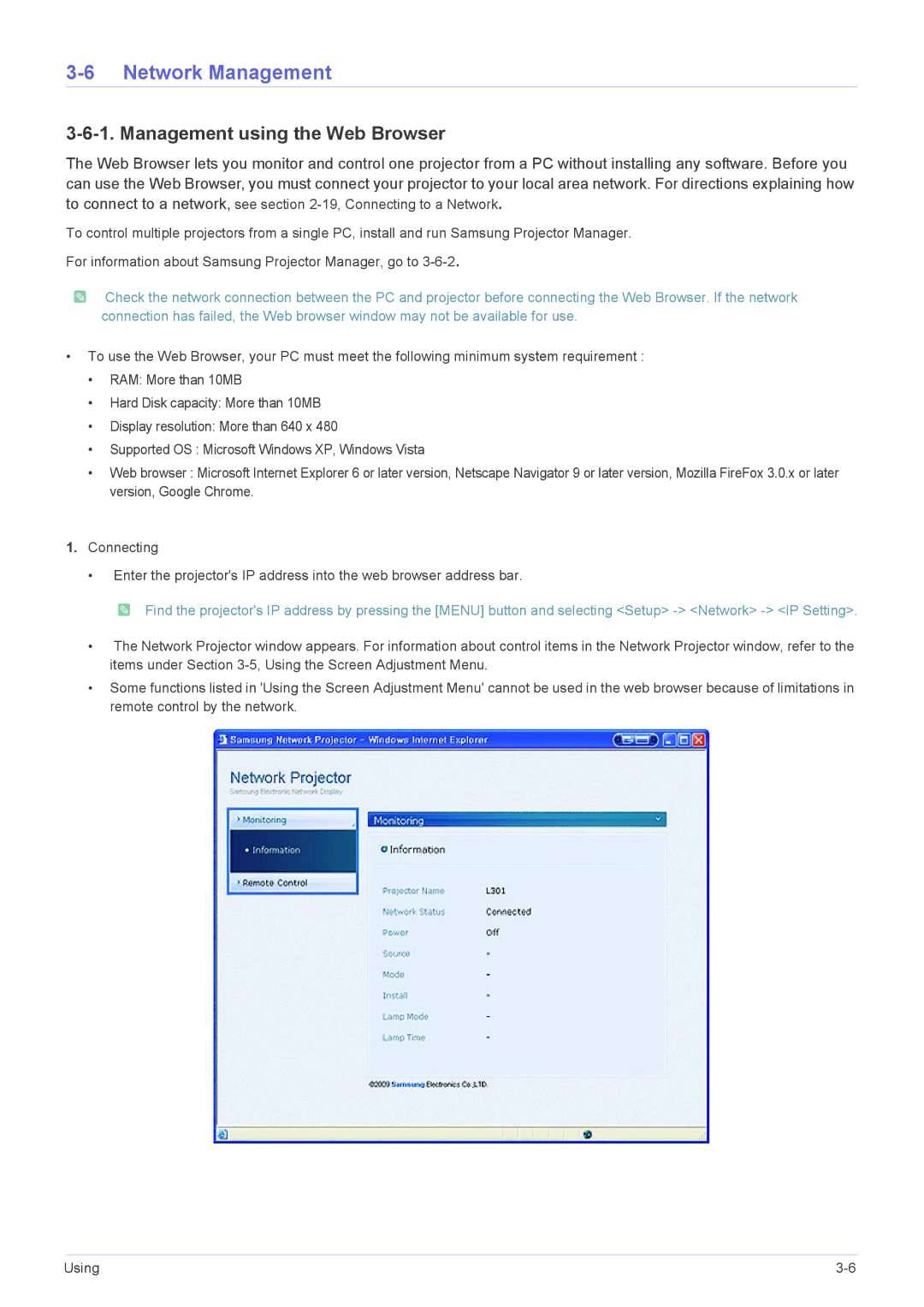 Samsung SP-L305, SP-L355, SP-L335 specifications Network Management, Management using the Web Browser 