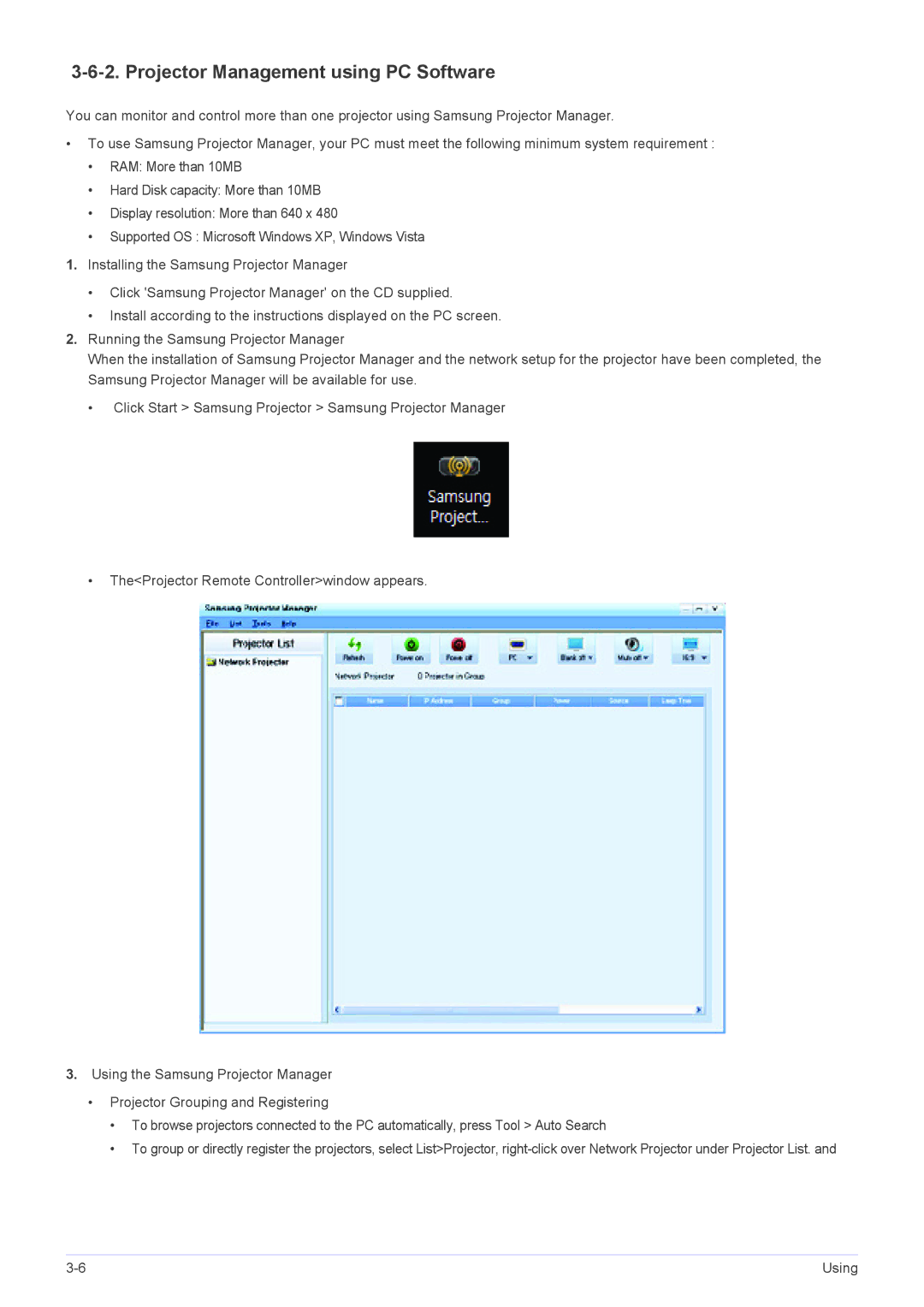 Samsung SP-L335, SP-L355, SP-L305 specifications Projector Management using PC Software 