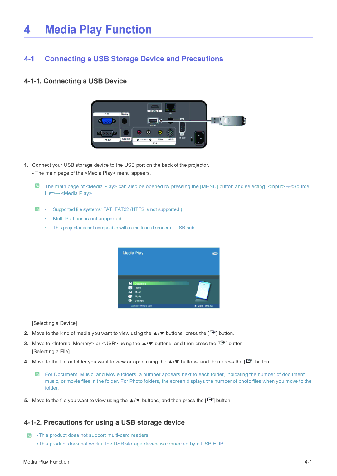 Samsung SP-L355, SP-L305, SP-L335 specifications Connecting a USB Storage Device and Precautions, Connecting a USB Device 