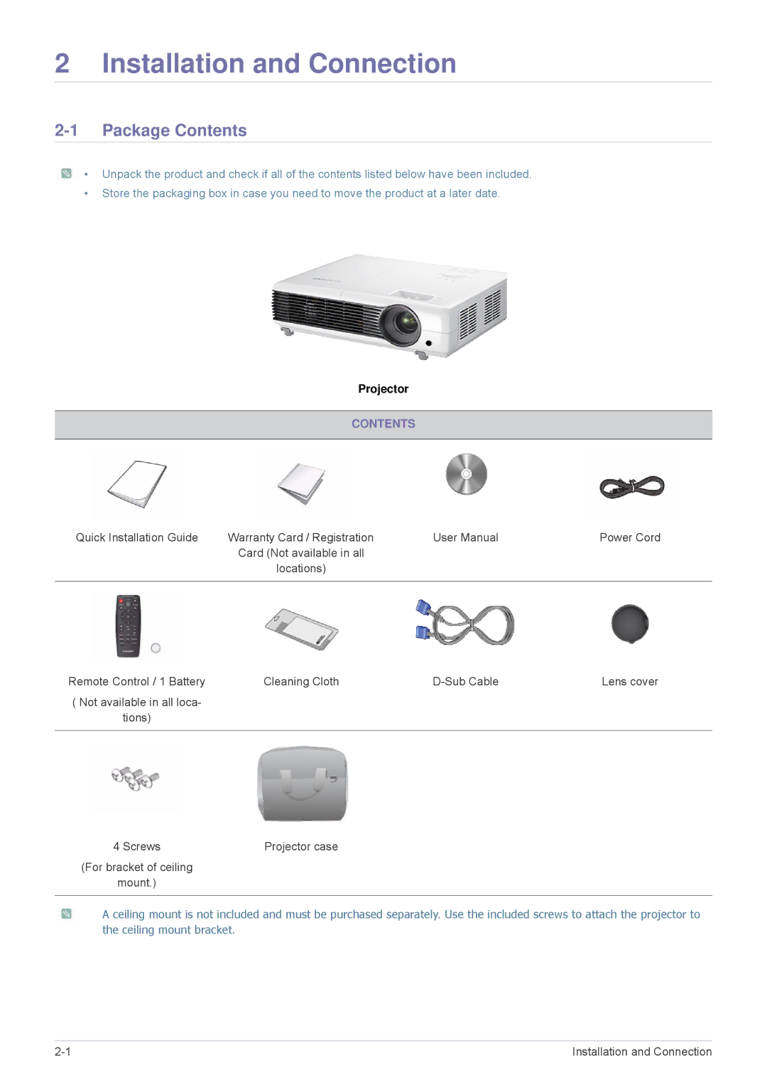 Samsung SP-M250S, SP-M220S, SP-M200S, BP59-00140E-01 specifications Installation and Connection, Package Contents 