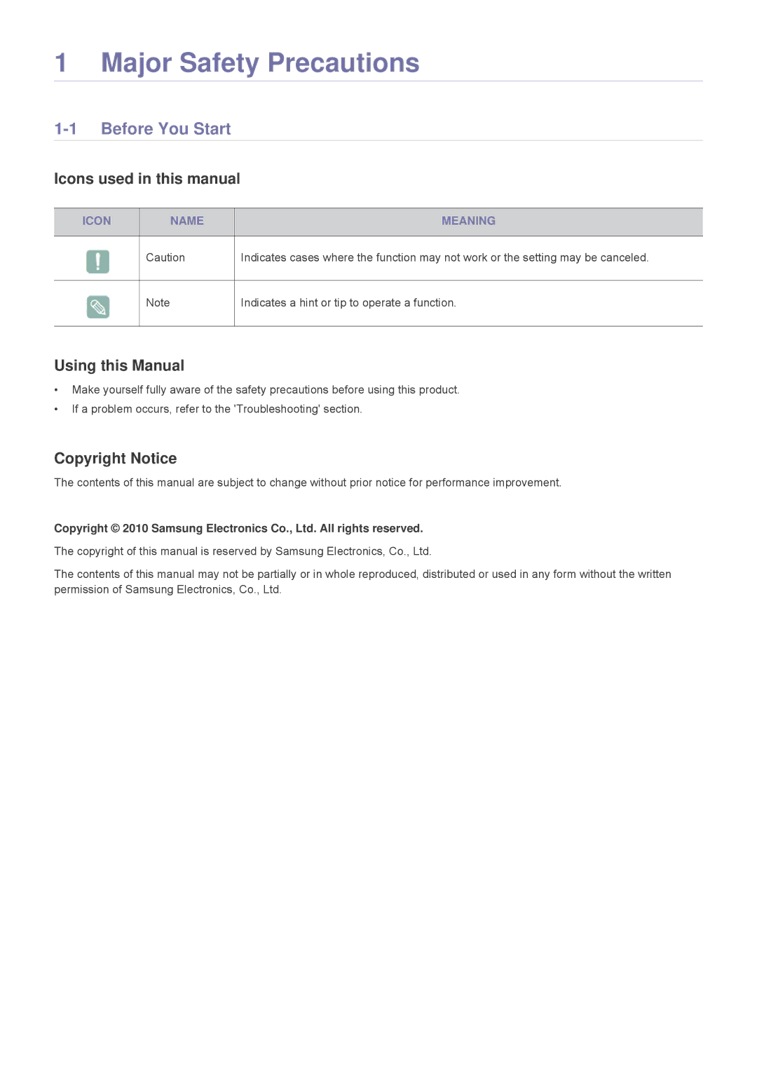 Samsung BP59-00140E-01 Before You Start, Icons used in this manual, Using this Manual, Copyright Notice, Icon Name Meaning 