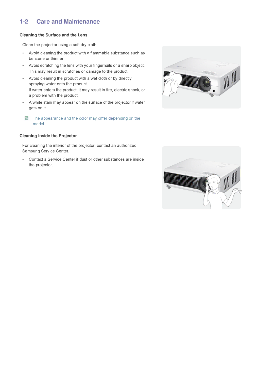 Samsung SP-M220S, SP-M200S, SP-M250S, BP59-00140E-01 specifications Care and Maintenance, Cleaning the Surface and the Lens 