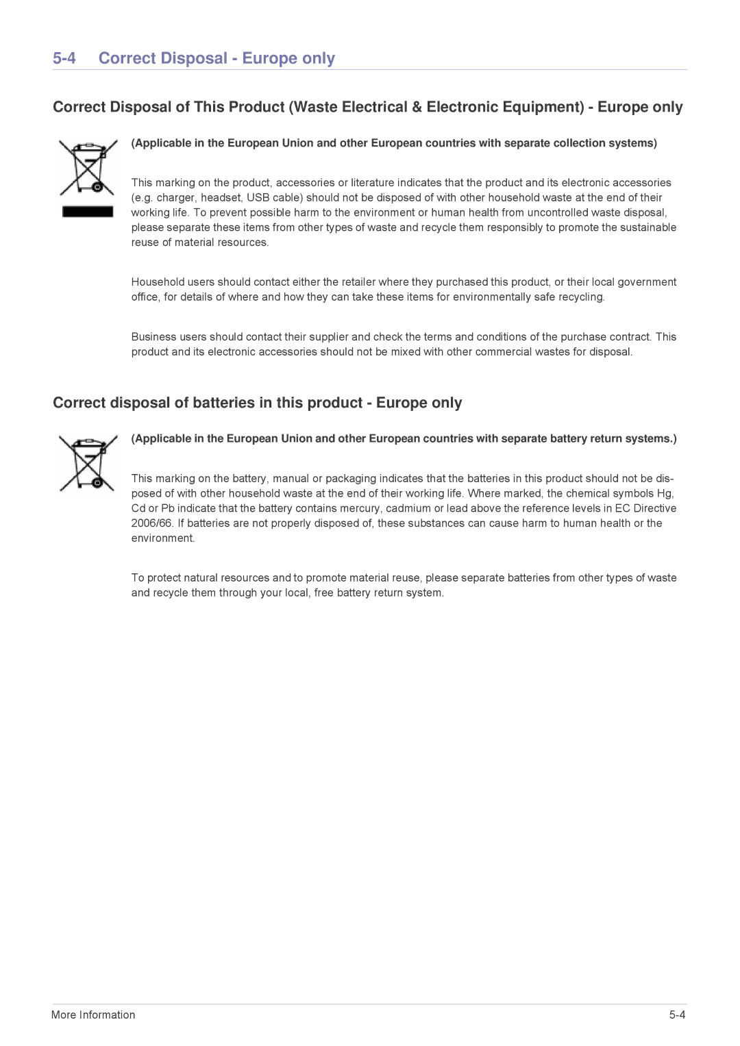 Samsung BP59-00140E-01, SP-M220S Correct Disposal Europe only, Correct disposal of batteries in this product Europe only 