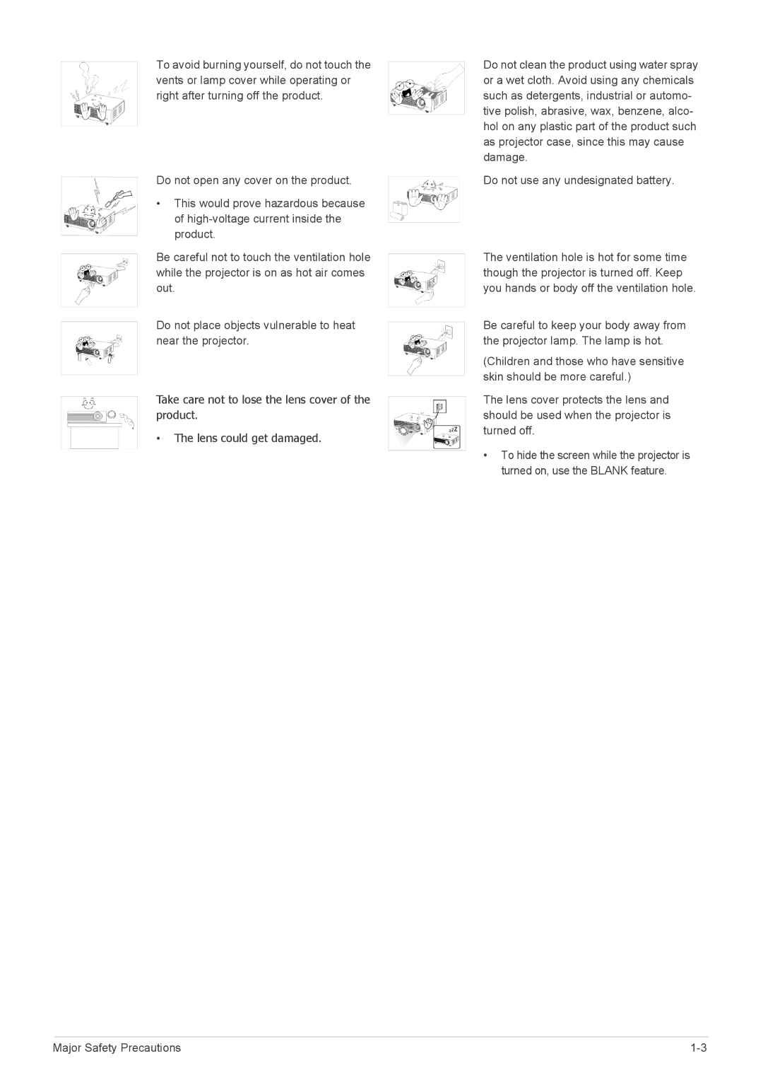 Samsung SP-M200S, SP-M220S, SP-M250S, BP59-00140E-01 specifications Major Safety Precautions 