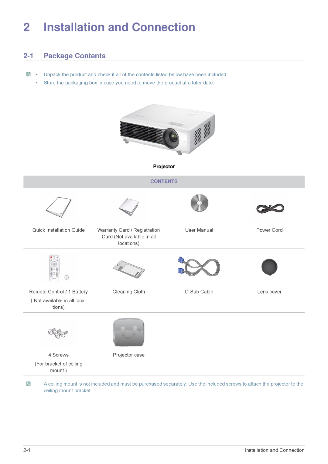 Samsung SP-M220, SP-M250, SP-M200 specifications Installation and Connection, Package Contents 