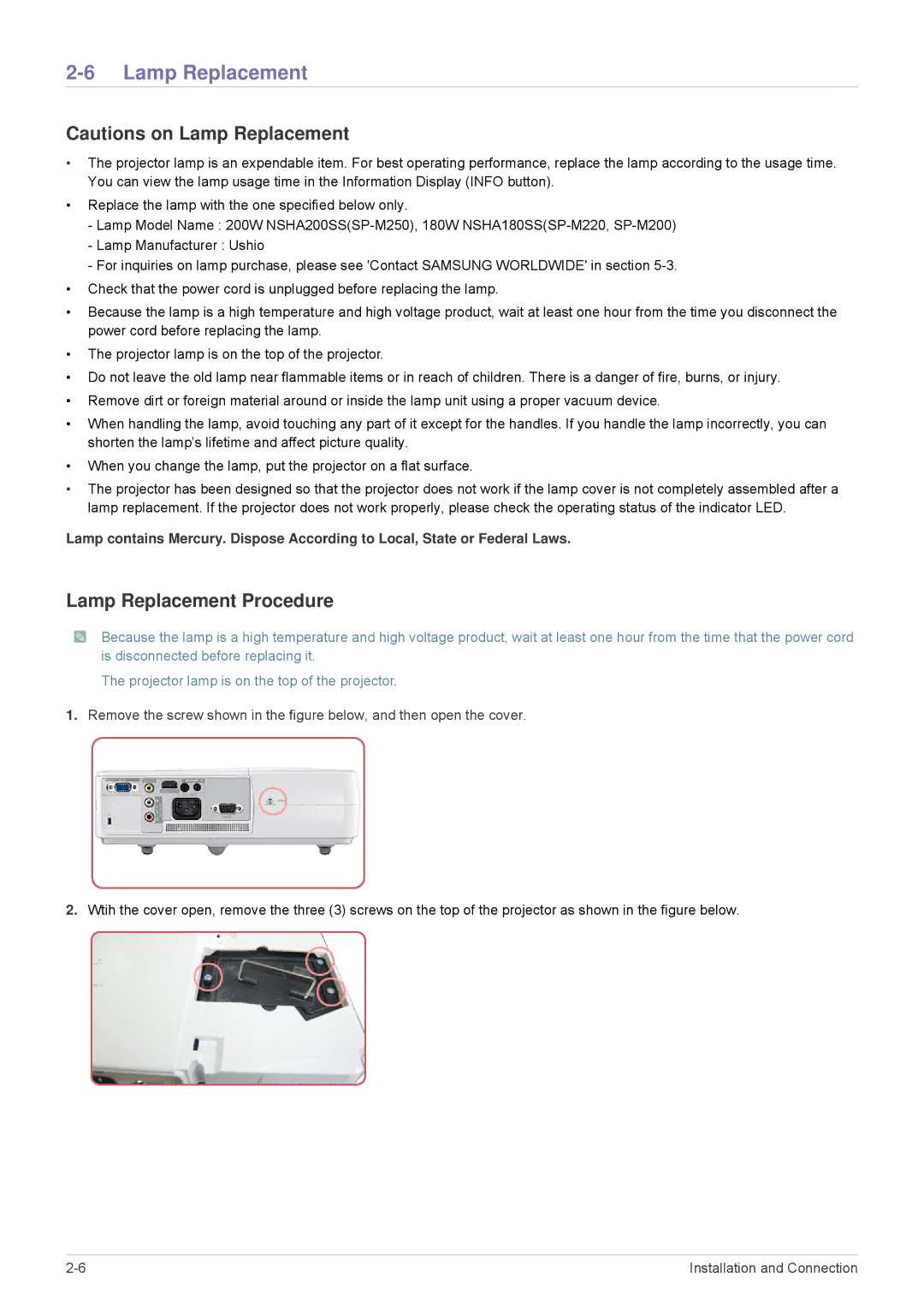 Samsung SP-M220, SP-M250, SP-M200 specifications Lamp Replacement Procedure 