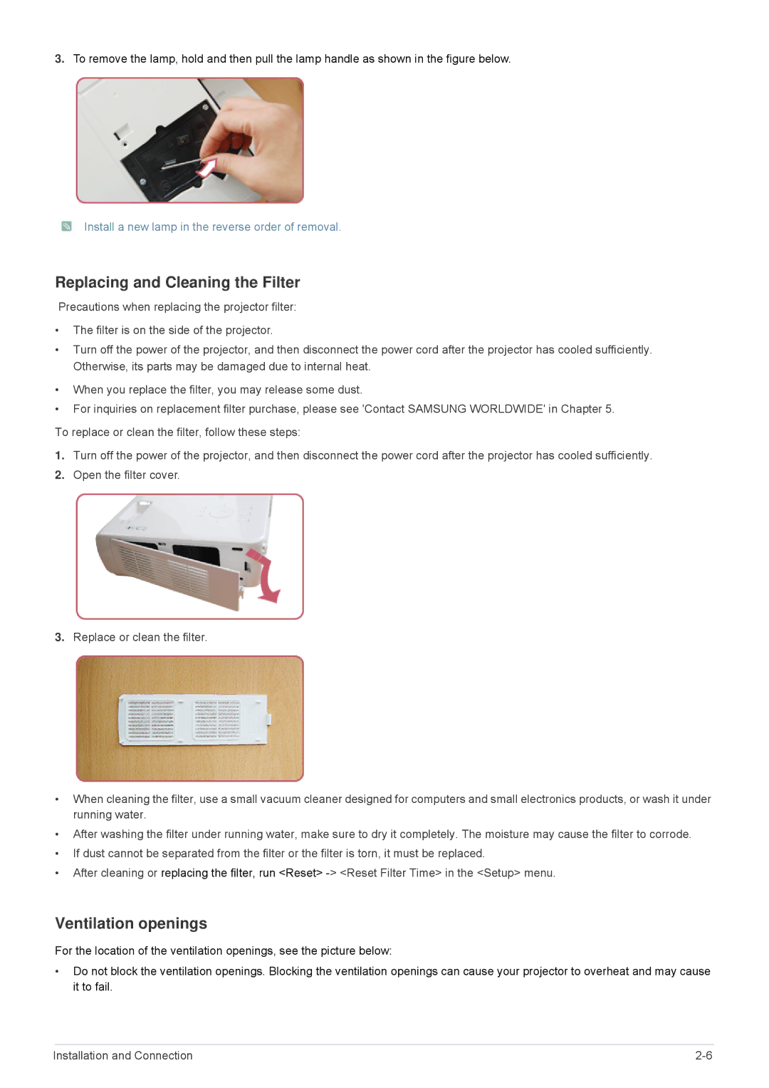 Samsung SP-M200, SP-M250, SP-M220 specifications Replacing and Cleaning the Filter, Ventilation openings 