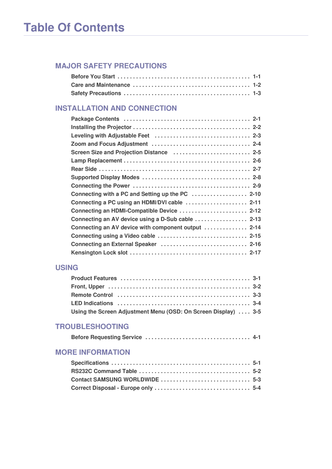 Samsung SP-M200, SP-M250, SP-M220 specifications Table Of Contents 