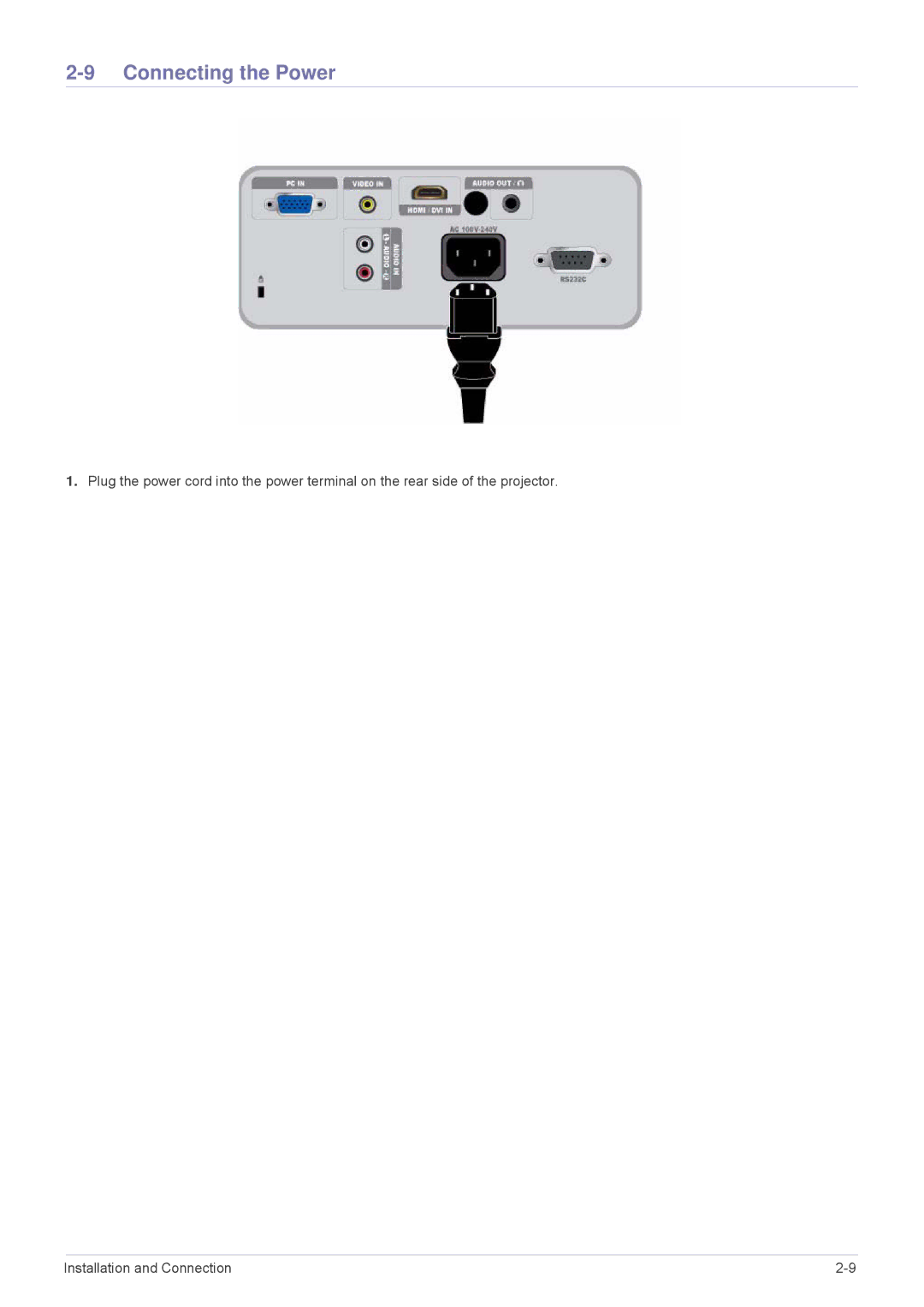 Samsung SP-M200, SP-M250, SP-M220 specifications Connecting the Power 