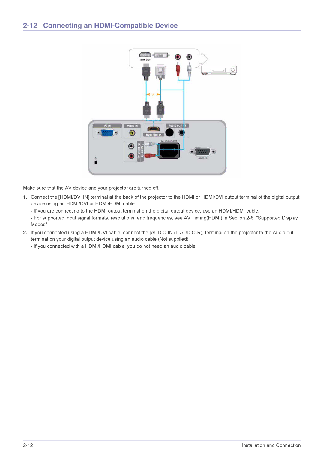 Samsung SP-M220, SP-M250, SP-M200 specifications Connecting an HDMI-Compatible Device 