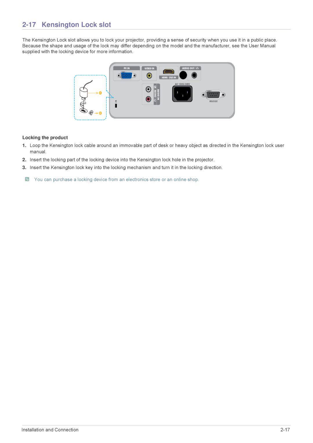 Samsung SP-M250, SP-M220, SP-M200 specifications Kensington Lock slot, Locking the product 