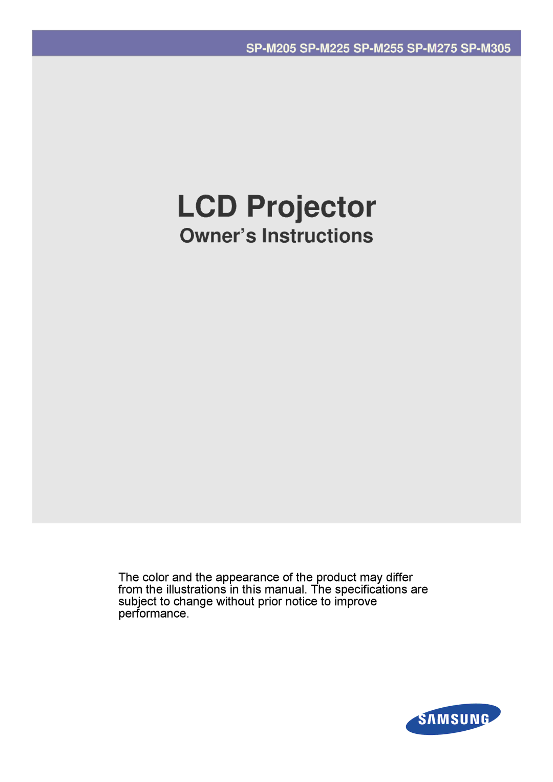 Samsung SP-M20, SP-M255, SP-M225, SP-M275, SP-M305 specifications LCD Projector 