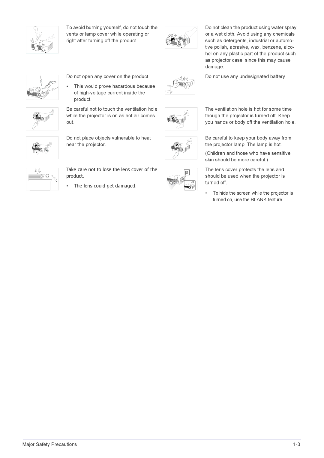 Samsung SP-M255, SP-M20, SP-M225, SP-M275, SP-M305 specifications Major Safety Precautions 