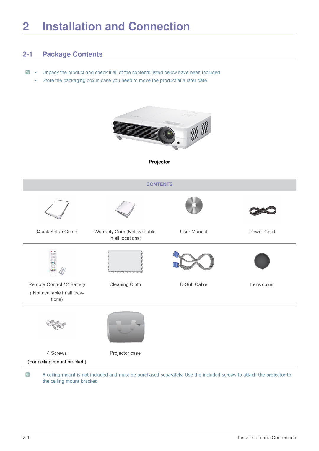 Samsung SP-M20, SP-M255, SP-M225, SP-M275, SP-M305 specifications Installation and Connection, Package Contents 