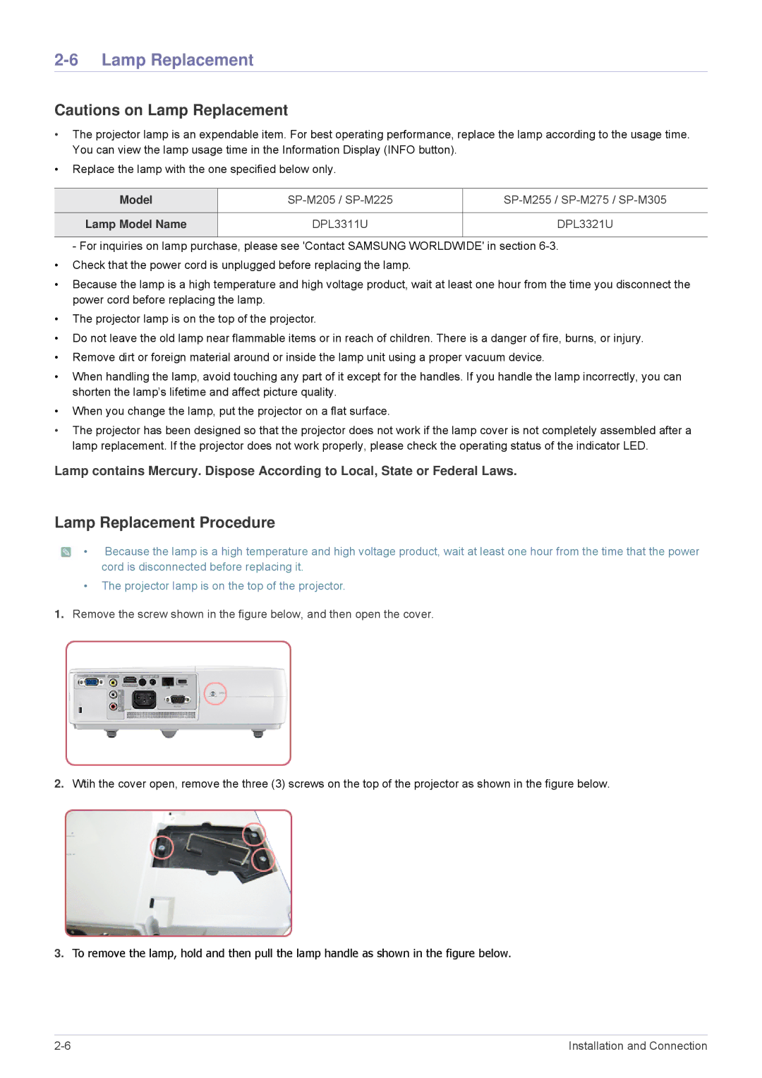 Samsung SP-M225, SP-M255, SP-M20, SP-M275, SP-M305 specifications Lamp Replacement Procedure, Lamp Model Name 