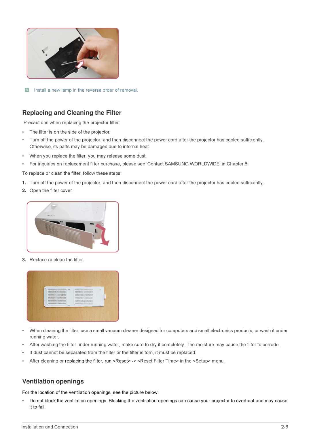 Samsung SP-M275, SP-M255, SP-M20, SP-M225, SP-M305 specifications Replacing and Cleaning the Filter, Ventilation openings 